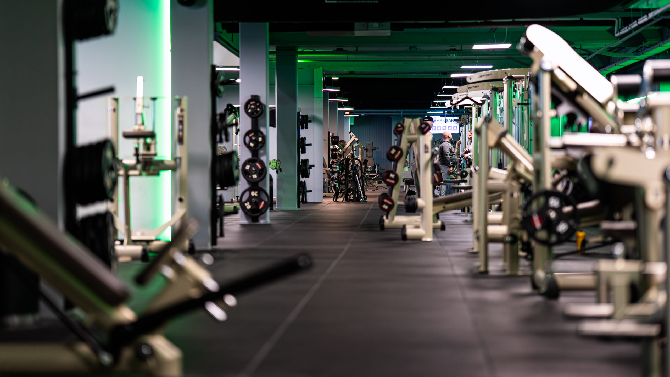 Lange trainingsvloer met verschillende krachttoestellen