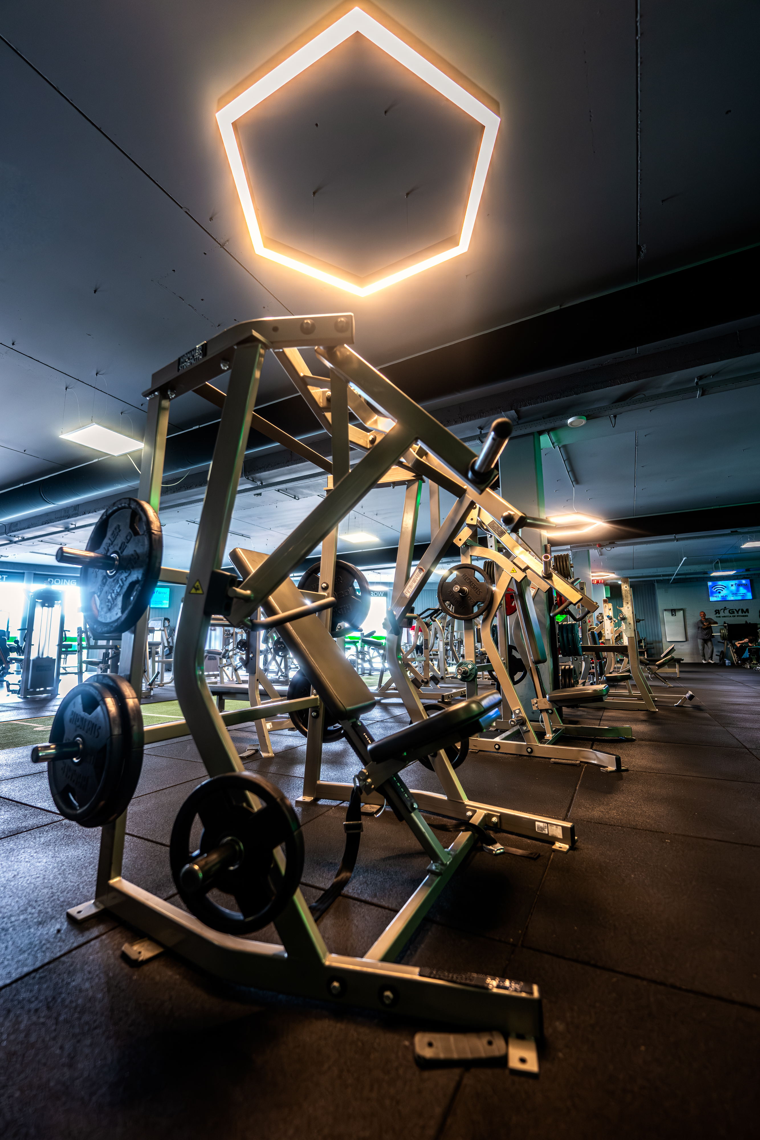 Groot krachttoestel onder de verlichting van de gym